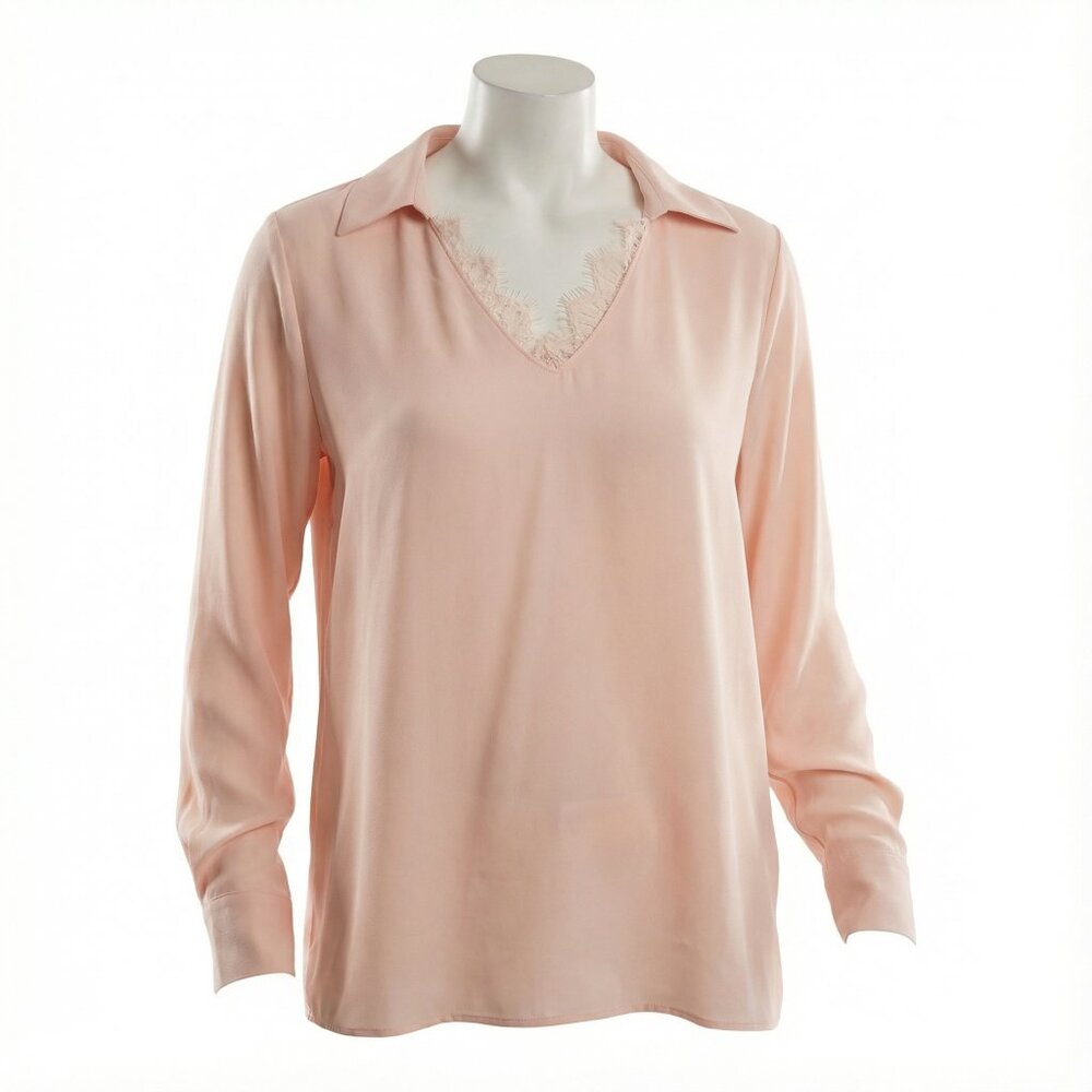 Single Thread Lace Trim Collared Blouse Feminine Button-Down Top